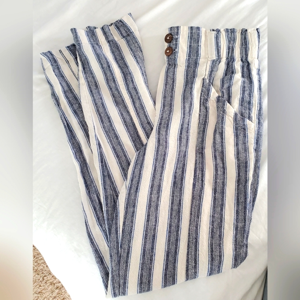 High Rise Blue & Ivory Stripe Linen  High-Rise Pant Tapered - Size XS